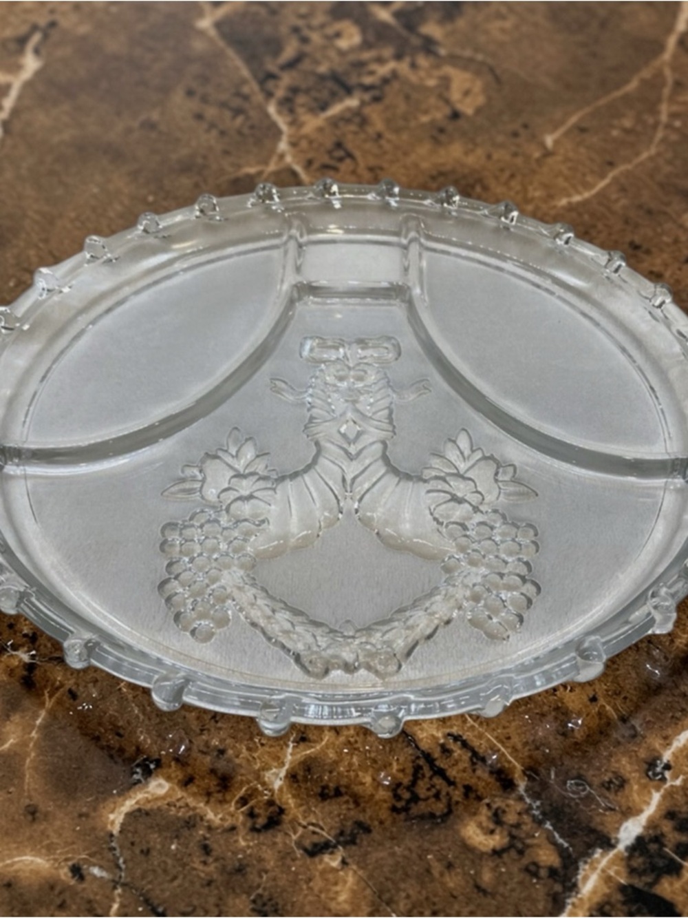 Set of 4 Vintage Hazel Atlas Cornucopia Clear Pressed Glass 10.5” Divided Plate